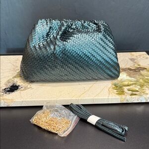 Woven Metallic Teal Clutch with Chain Strap